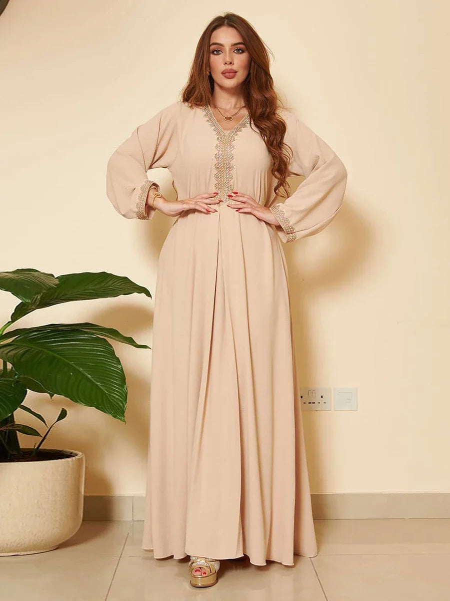 Moroccan Women Jalabiyat Fashion Basic Solid Diamonds Full Sleeve V-Neck Elegant Chic Turkish Female Abaya Apricot Dress