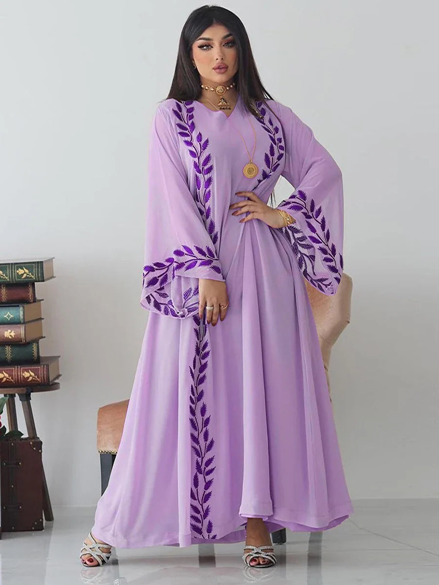 Fashion Chiffon Floral Embroidered Abaya Hijab Dress for Women Pink V Neck Long Sleeve Loose Arabic Muslim Dubai Moroccan Caftan Purple Dress