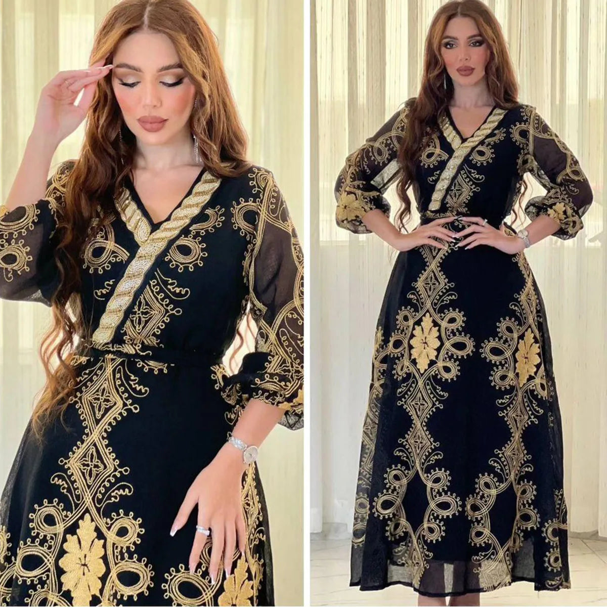 Abaya Caftan For Women Four Seasons Ramadan Gurban Festival Arab Dubai Embroiled Decal Dress Museum Robe V-neck Middle East black