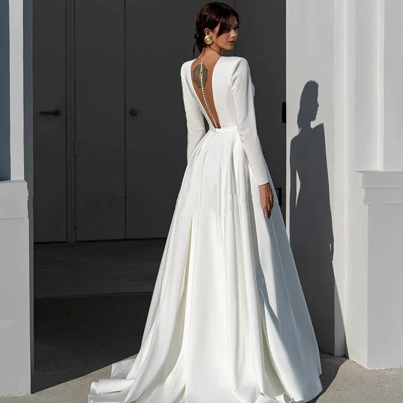 Elegant Simple Wedding Dresses For Women V-Neck Backless Sexy Bridal Gowns Satin Long Sleeve Robe A-Line Vestidos De Novia