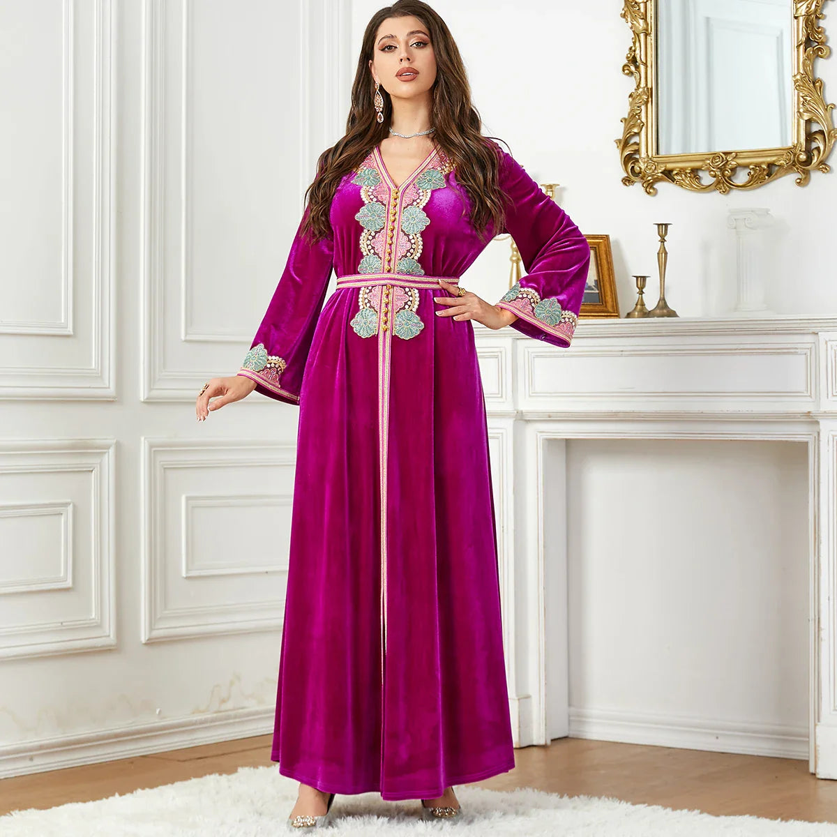 Winter Abaya Floral Appliques Velour Belted Arabic Dress Dubai Moroccan Islam Clothing Evening Party Muslim Women Kaftan Ramadan Rose Red