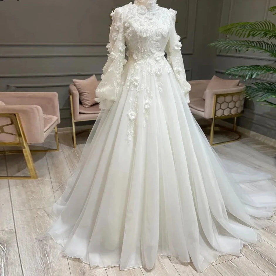 Robe De Mariée Modest High Neck Muslim Bridal Gowns A-Line Long Sleeves Islamic Wedding Dresses Flowers Lace Beaded