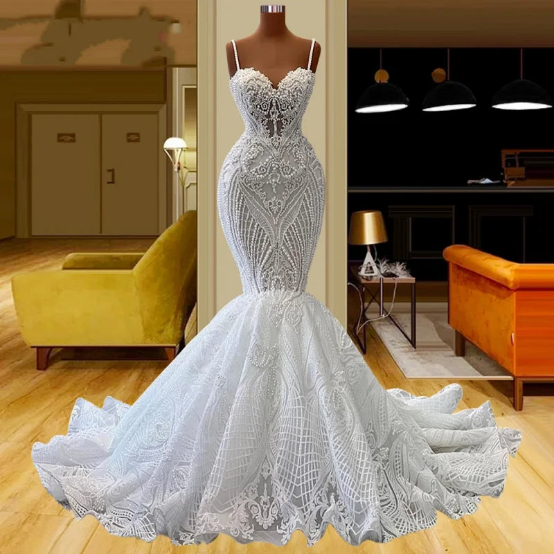 Luxury Lace Mermaid Wedding Dresses Spaghetti Straps Sweetheart Sparkle Bridal Gowns Elegant Robe de Mariée Engagement