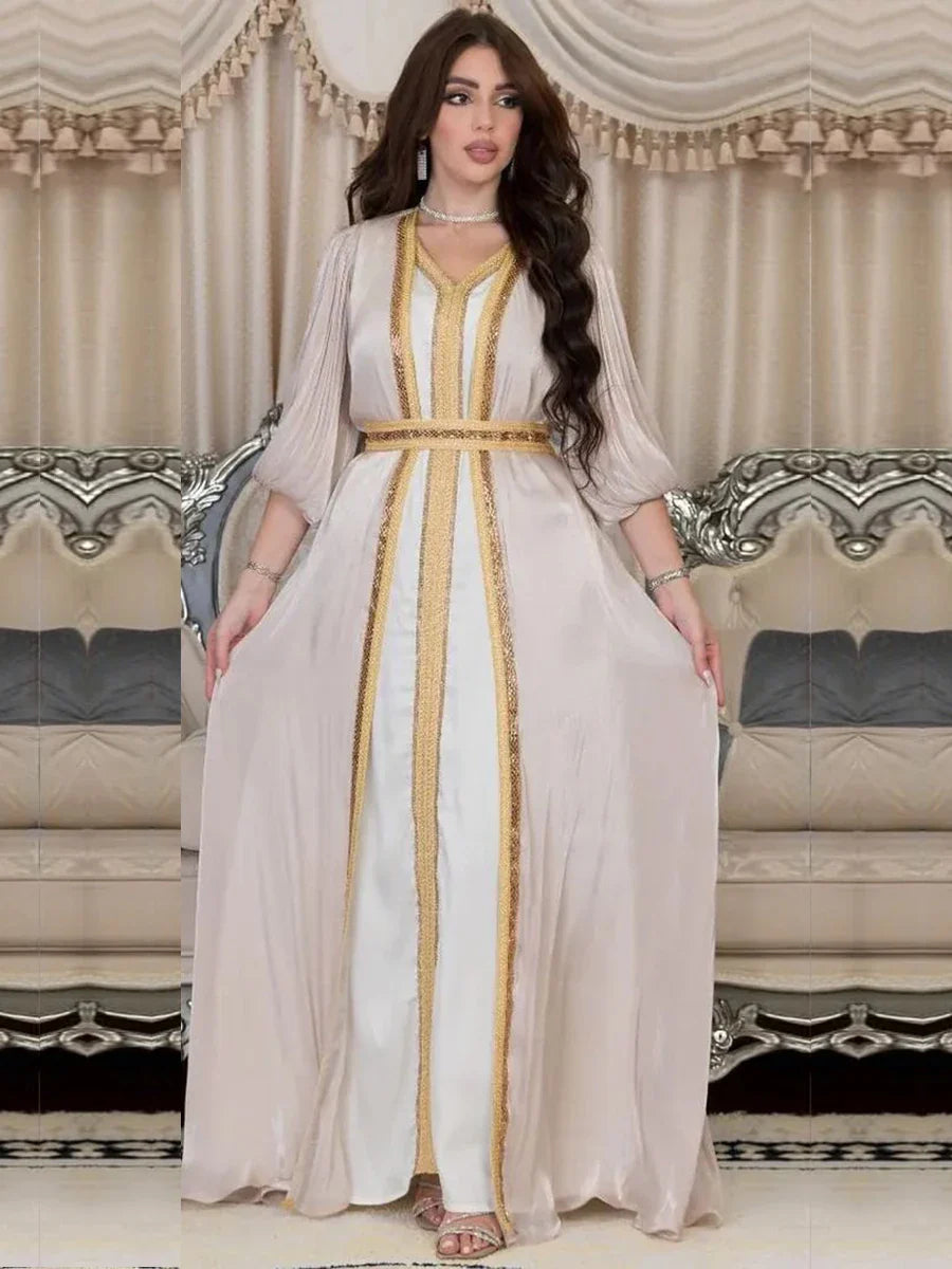 Dubai Abaya Luxury For Muslim Women Diamonds V-Neck Lace Tape Belted Kaftan 2pcs Modest Fashion Long Dresses Ramadan Clothes Apricot Dress