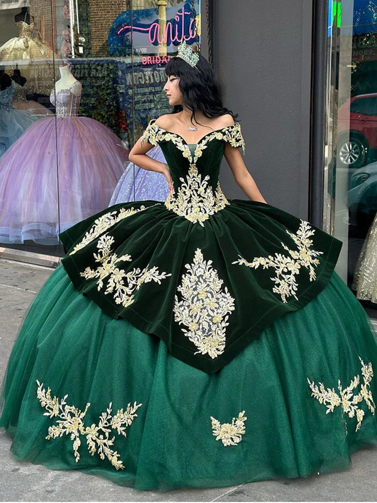 Caftan Evening Dress Hunter Green Ball Gown Prom Dresses Off The Shoulder Velvet Long Sleeve Evening Formal Party Dress as photos