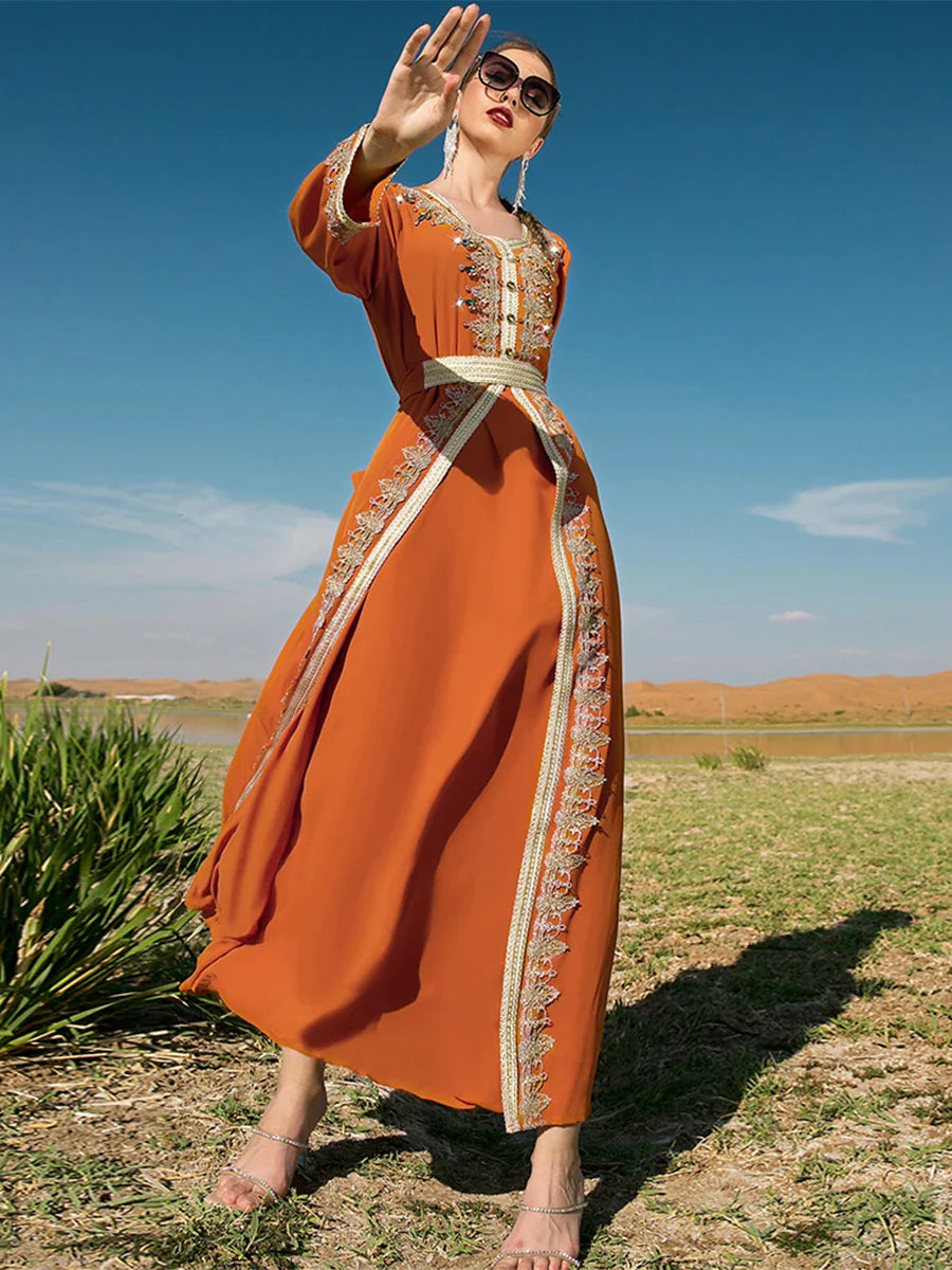 Arab Fashion Dresses Handsewn Diamonds Lace Tape Belted Abaya African Clothing Ethnic Long Sleeve V-Neck Elegant Caftan Orange Dress