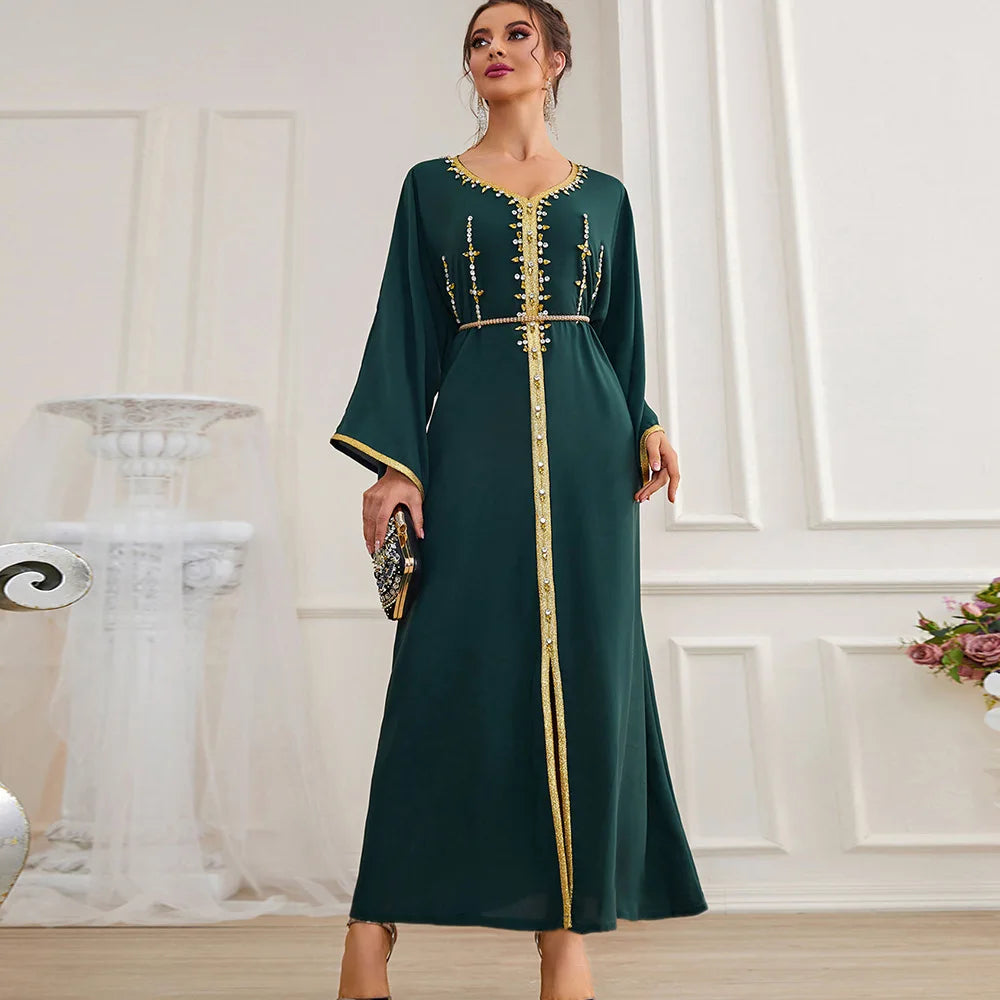 Ramadan Dubai Kaftan Muslim Women Long Dress Satin Abaya Arab Middle East Islamic Luxury Rhinestone Party Gown Moroccan Jalabiya EEC175-4