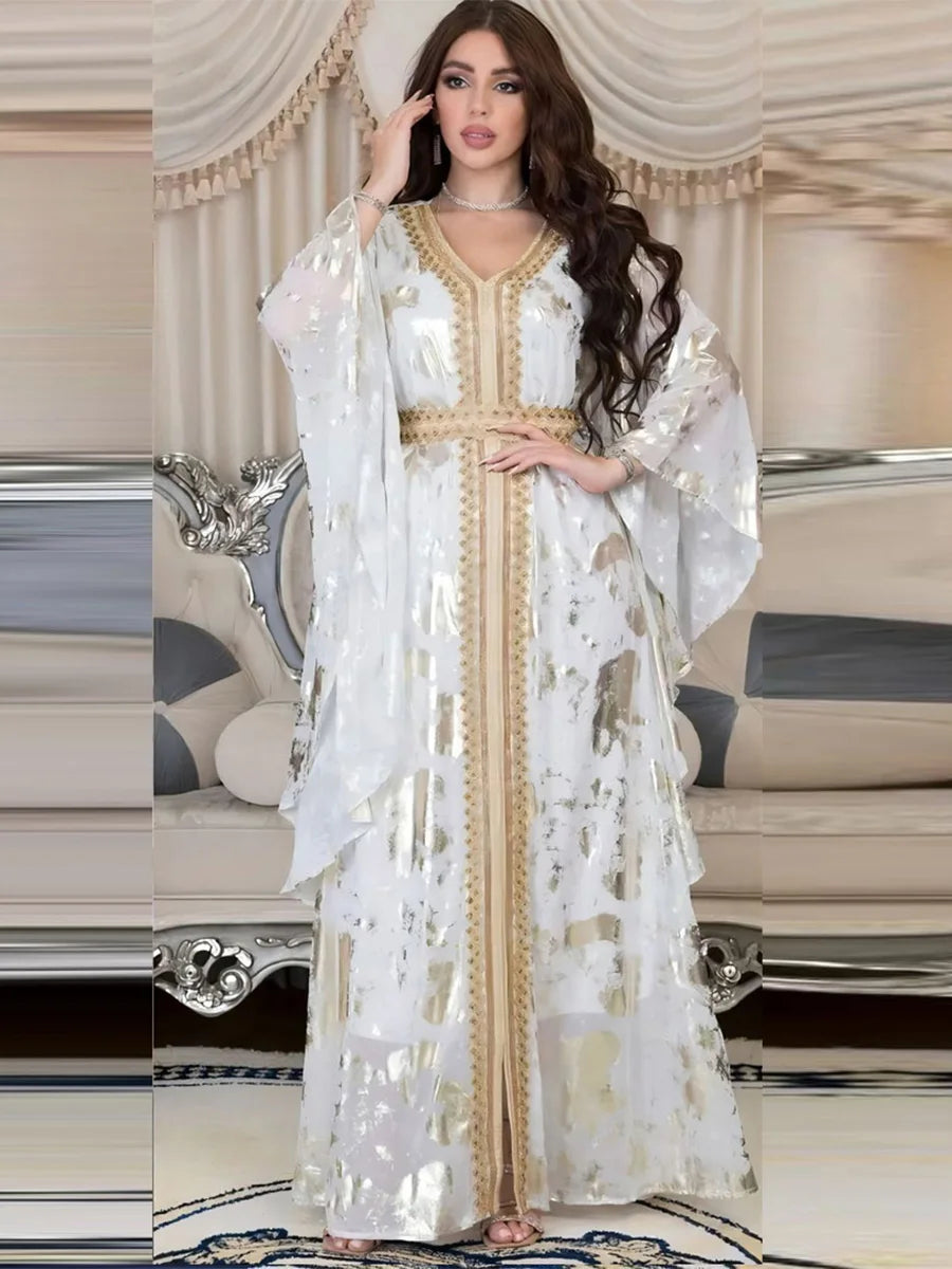 Luxurious Women's Jalabiyat Moroccan Kaftan Abaya Dubai Print V-Neck Guipure Lace Tape Belted Dress Islamic Dresses For Women White Abaya