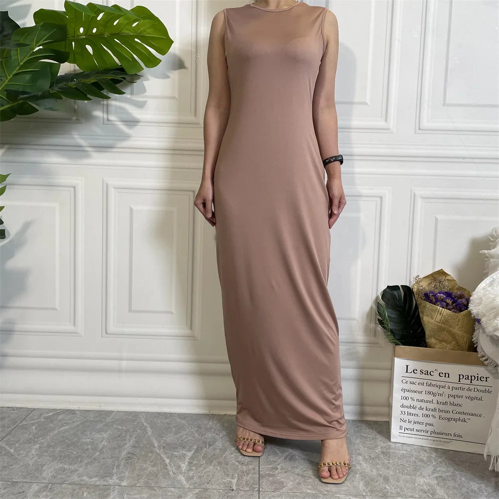 Muslim Women Lady Long Maxi Dress Sleeveless Underdress Slim Arabic Abaya Robe Ramadan Kaftan Turkish Dubai Clothing Middle East EEJ115-6Brown