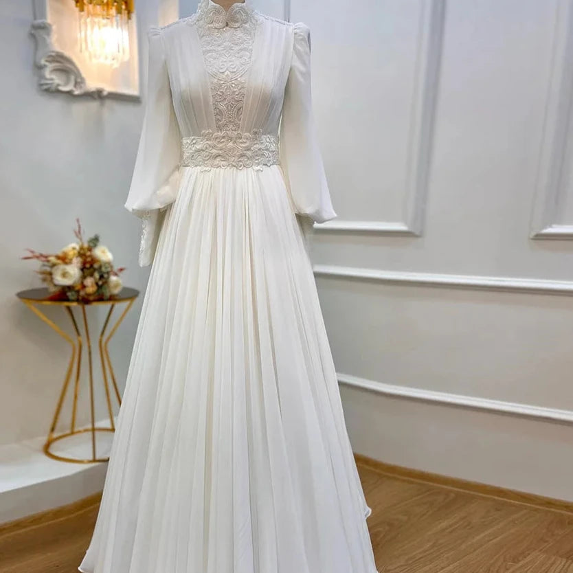 Elegant Dubai Muslim Wedding Dresses for Bride A-Line Chiffon Beaded Lace Long Sleeve Bridal Gowns Arabic Vestidos De Novia