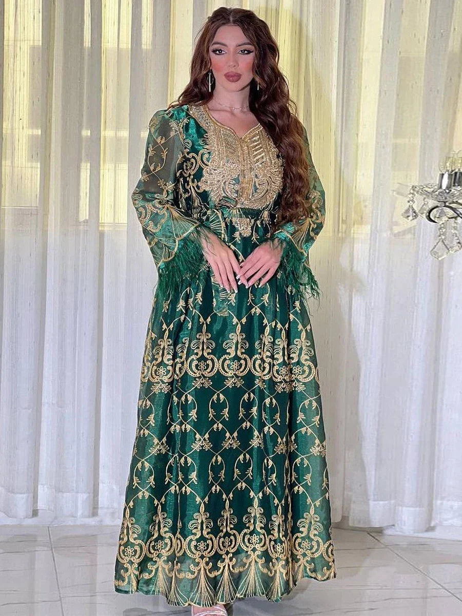 Dubai Gold Floral Embroidery Sequins Feathers Patchwork Long Sleeve V Collar Ethnic Party Gown With Sashes Eid Al-Adha Green Dress