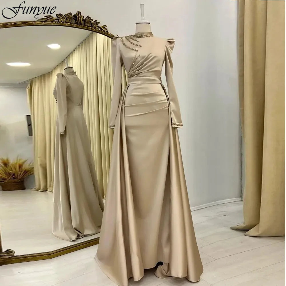 Elegant Muslim Evening Gown Mermaid Long Sleeve Formal Dress High Neck Arabia Dubai Wedding Party Dress Vestidos De Noite Beige