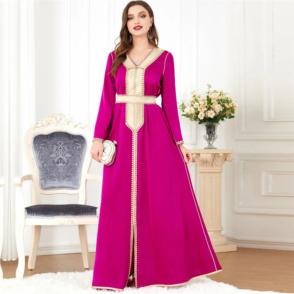 Ramadan Dubai Kaftan Muslim Women Long Dress Satin Abaya Arab Middle East Islamic Luxury Rhinestone Party Gown Moroccan Jalabiya ESB043