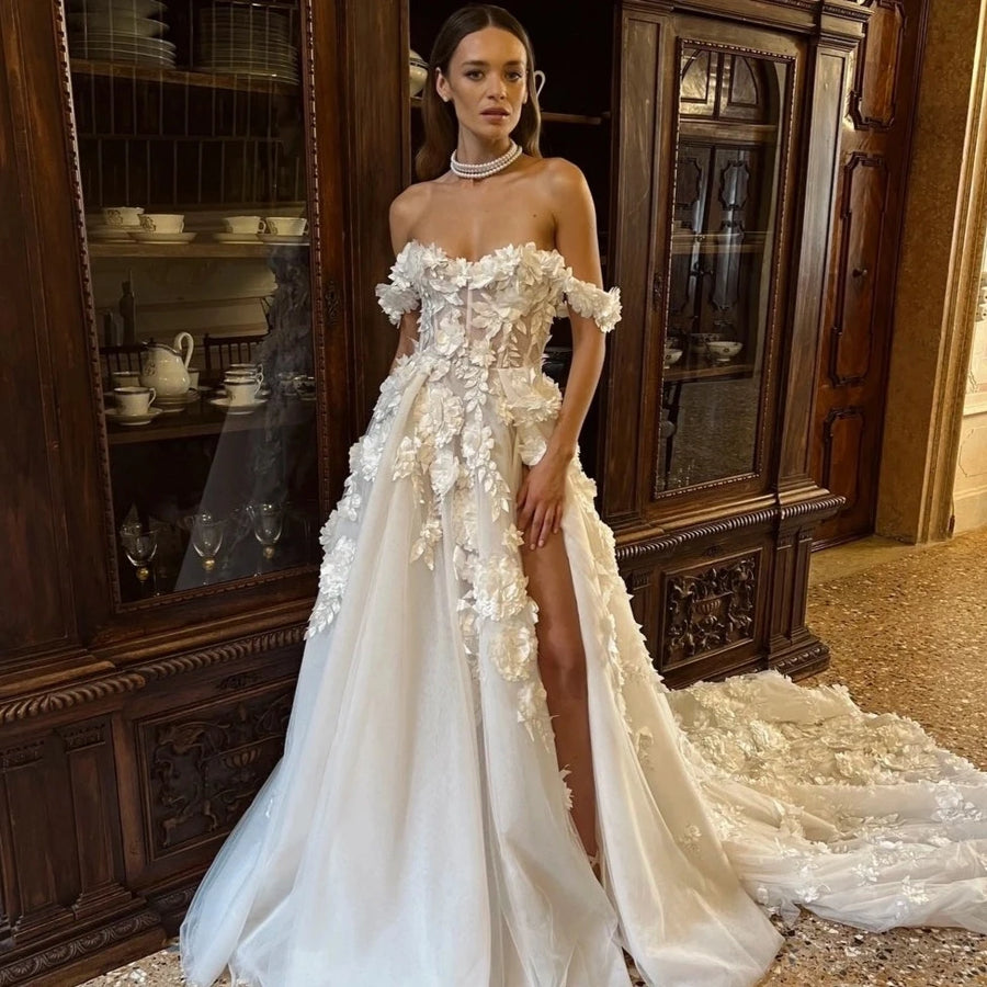 Lace Applique Wedding Dresses A-Line Sexy Mermaid Off The Shoulder Sleeveless High Slit Simple Mopping Bride Gowns Custom Made