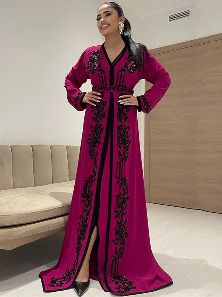 pitaya Color V Neck Moroccan caftan Evening Dresse Long Sleevees Lace Special Occasion Dress Lace Party Gown AS PHOTOS