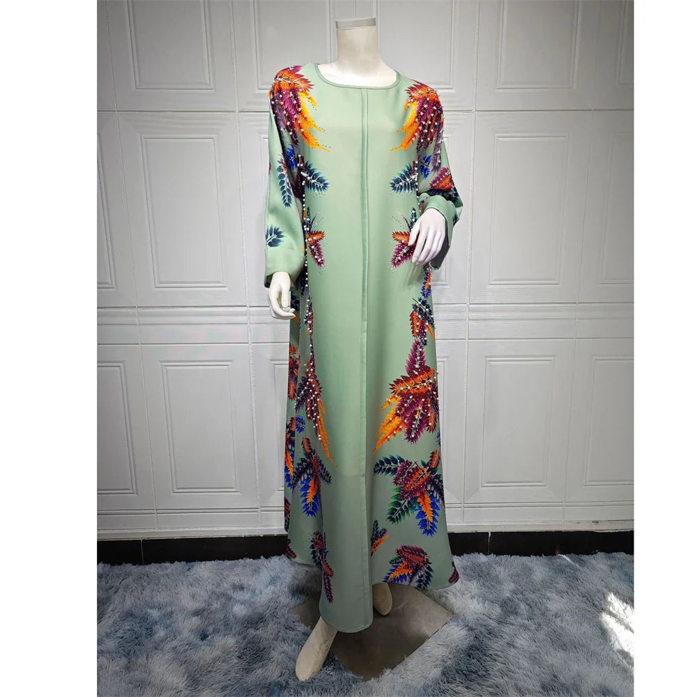 Moroccan Muslim Abaya Floral Print Women Long Maxi Dress Turkey Arab Dubai Eid Party Femme Ramadan Kaftan Jalabiya Vestidos Gown 072-2Green