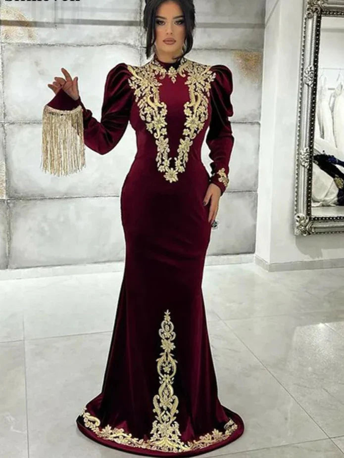 Modest Velour Lace Moroccan caftan Evening Dresses Long Sleeves High Neck Velvet Prom Dresses Women Party Gowns Burgundy