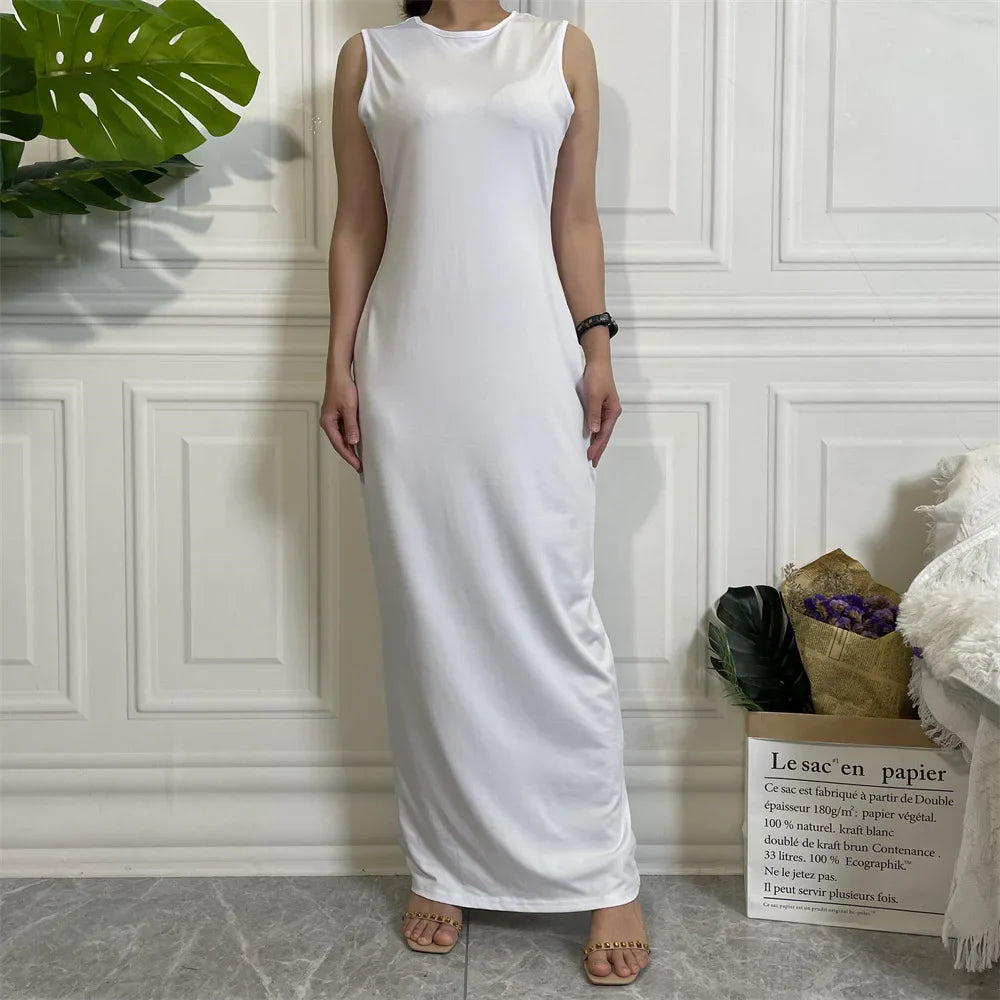 Muslim Women Lady Long Maxi Dress Sleeveless Underdress Slim Arabic Abaya Robe Ramadan Kaftan Turkish Dubai Clothing Middle East EEJ115-1White