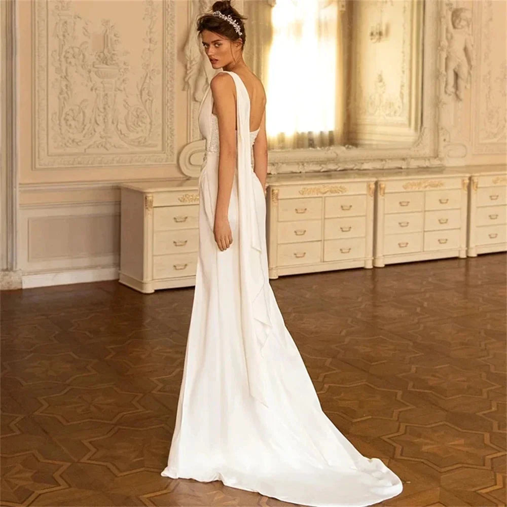 Satin Elegant Wedding Dresses Square Collar One Shoulder Bridal Gowns Sexy Backless Robes Side Slit Vestidos De Novia