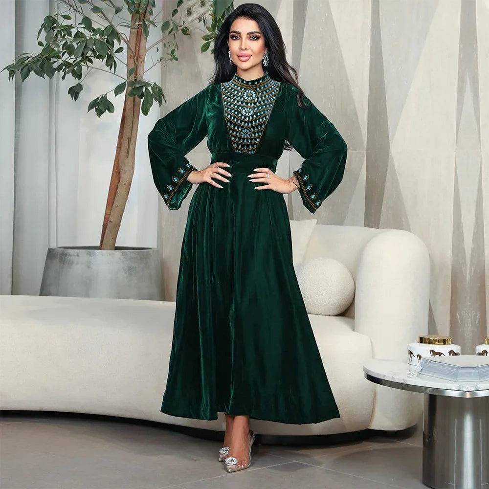 Autumn Velvet Warm Fashion Muslim Women Diamond Abaya Long Maxi Dresses Dubai Kaftan Turkey Arab Islamic Eid Party Gown Jalabiya 01 Dark Green