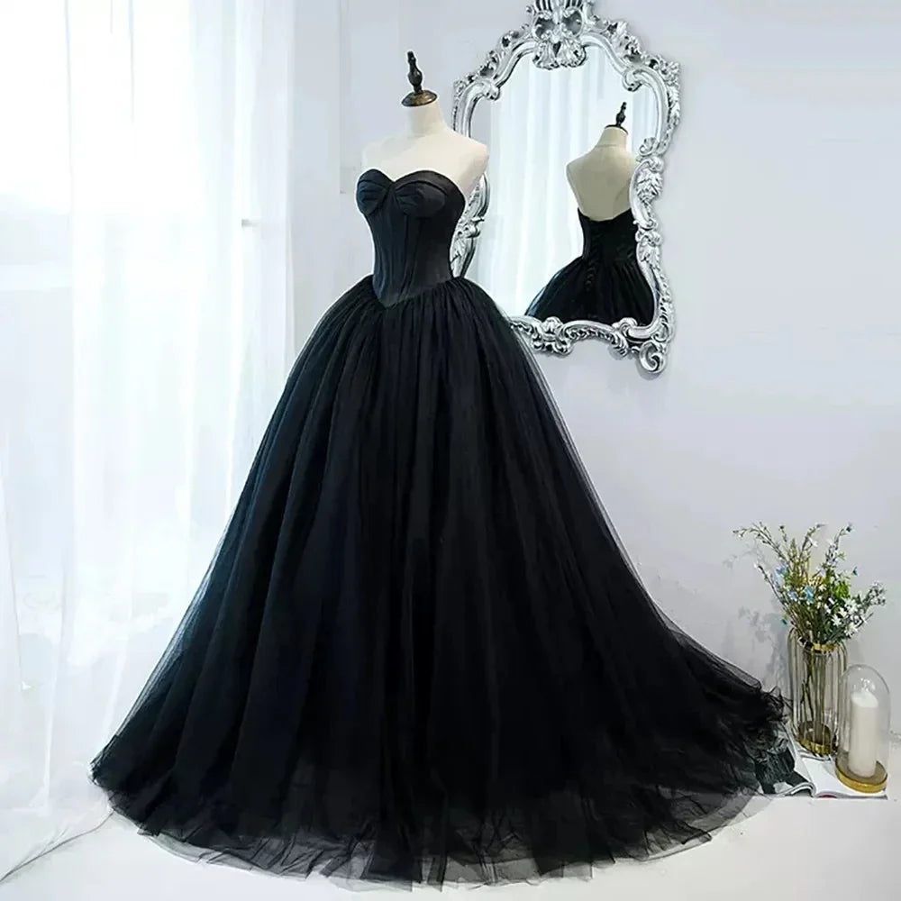 Gothic Black Tulle Prom Dresses Princess Sweetheart Satin Top Women Formal Evening Gowns Exposed Boning Night Met Gala Party Black