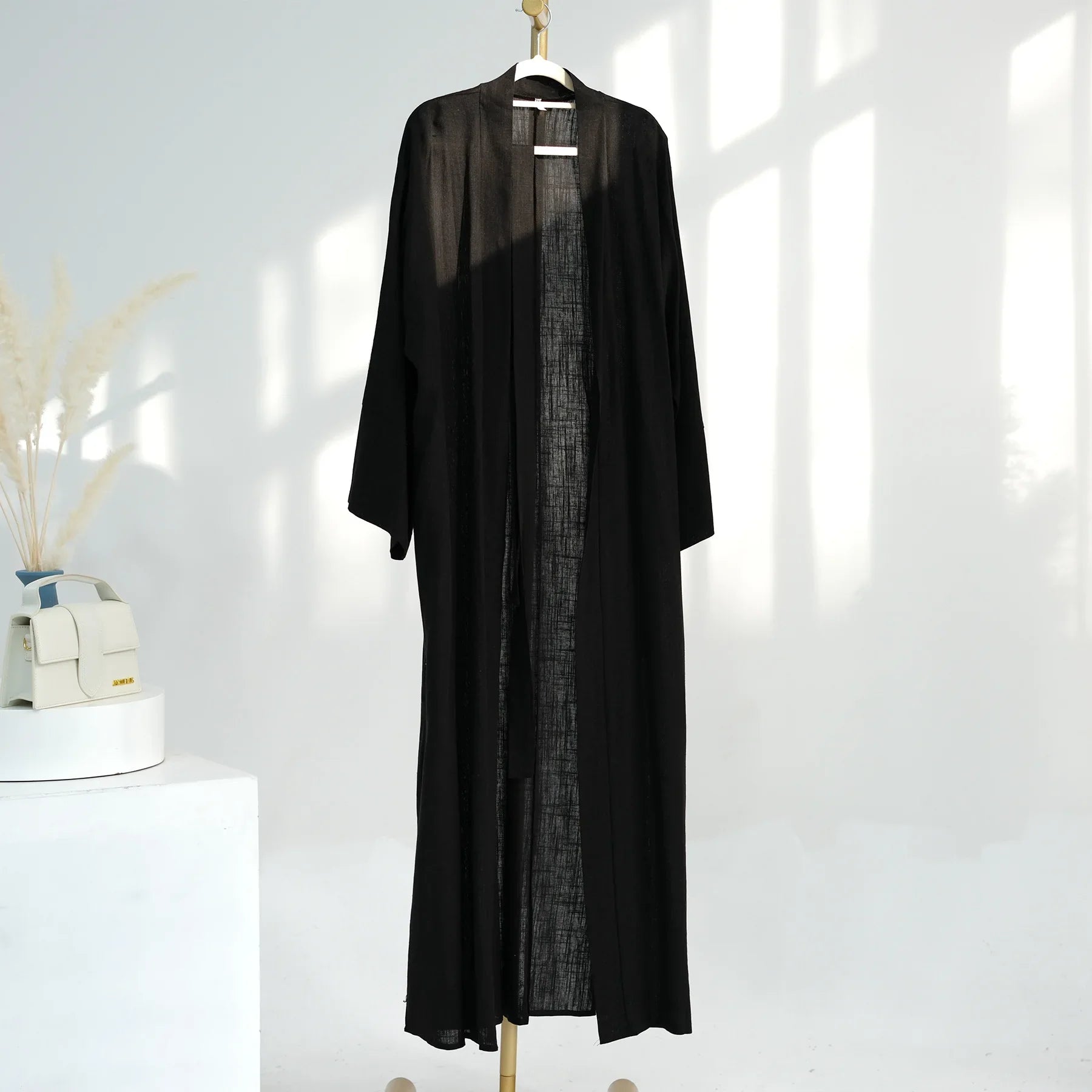 Eid Ramadan Muslim Women Cotton Linen Open Abaya Kimono Long Maxi Dress Turkey Dubai Islamic Arab Robe Cardigan Jalabiya Caftan 03 Only Black Abaya