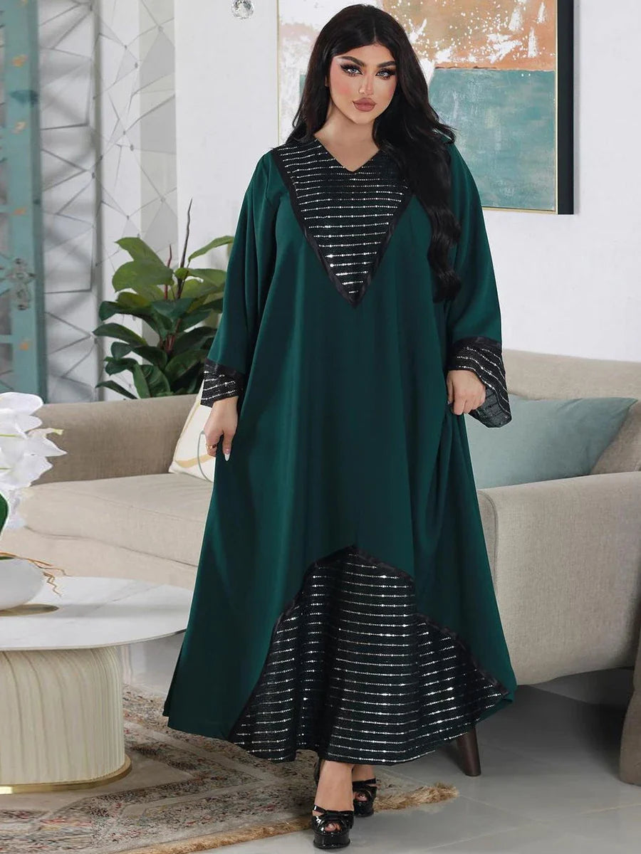 Fashion Sequins Black Mesh Patchwork Dubai Abaya Elegant Casual Full Sleeve V-Neck Long Dress Women Muslim Green Dress