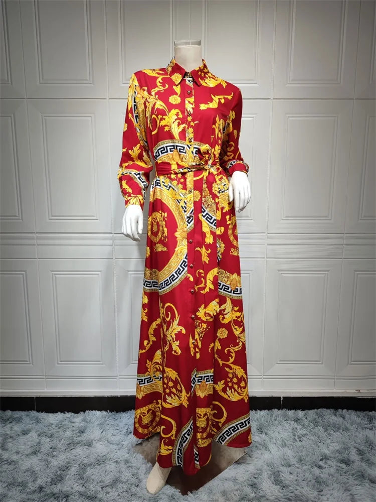 Ethnic Print Maxi Dresses for Women Single-breasted Lapel Shirt Dress Dubai Turkey Arabic Oman Middle East Clothing 2021 New red dress