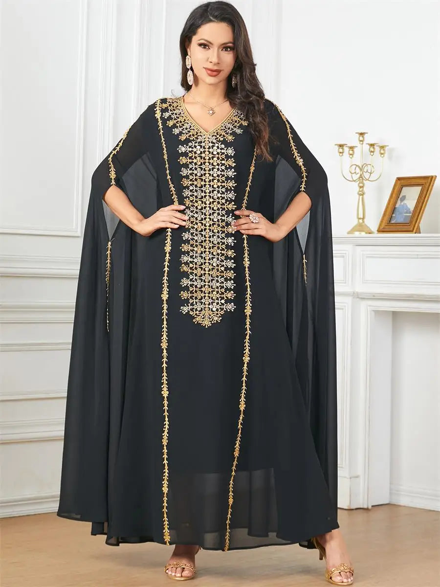 Fashion Elegant Solid Appliques Party Long Dresses Moroccan Kaftan Islam Clothing Turkish African Abayas Super Sleeve Black Dress One Size