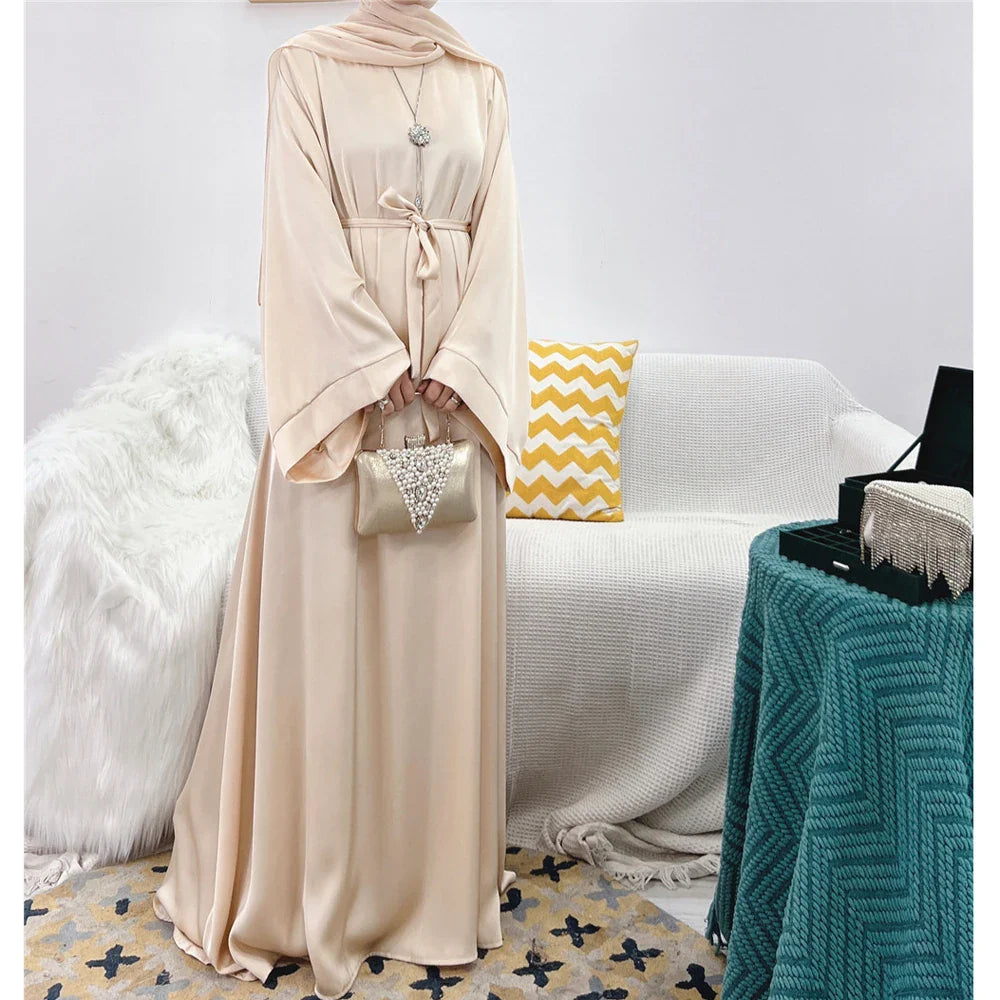 Elegant Shiny Satin Abaya Modest for Women Muslim Eid Dress Ramadan Kaftan Arabic Long Robe Dubai Femme Islamic Jalabiya Vestido 02 beige