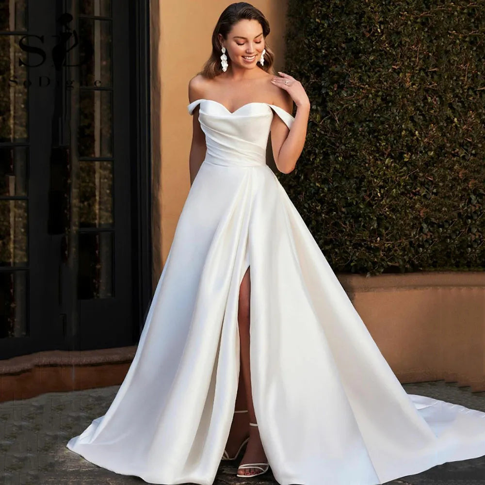 Sexy Satin Off Shoulder Wedding Dresses With Side Split Sweetheart A-Line White/Ivory Bridal Gowns vestidos de novia 22W