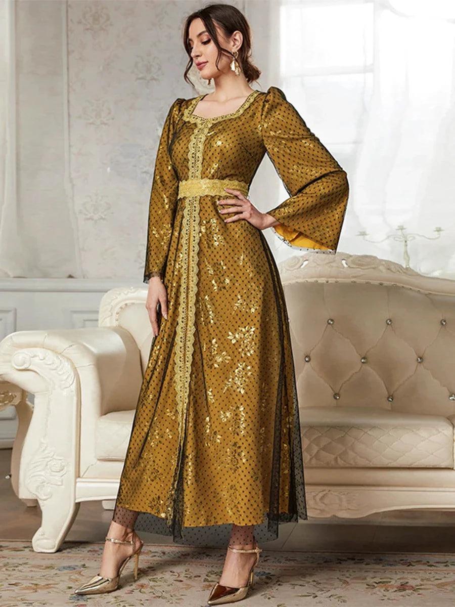 Saudi Fashion Evening Party Dress Black Mesh Long Sleeve Square Collar Elegant Outfits Floral Gold Stamping Caftan Yellow Dress