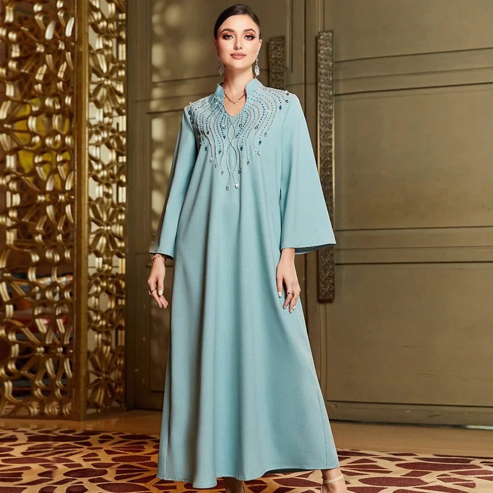 Elegant Caftan Women Lace Embroidery Muslim Abaya Maxi Dress Dubai Turkey Arabic Kaftan Islam Moroccan Party Evening Gown Kaftan ESC133Blue Green