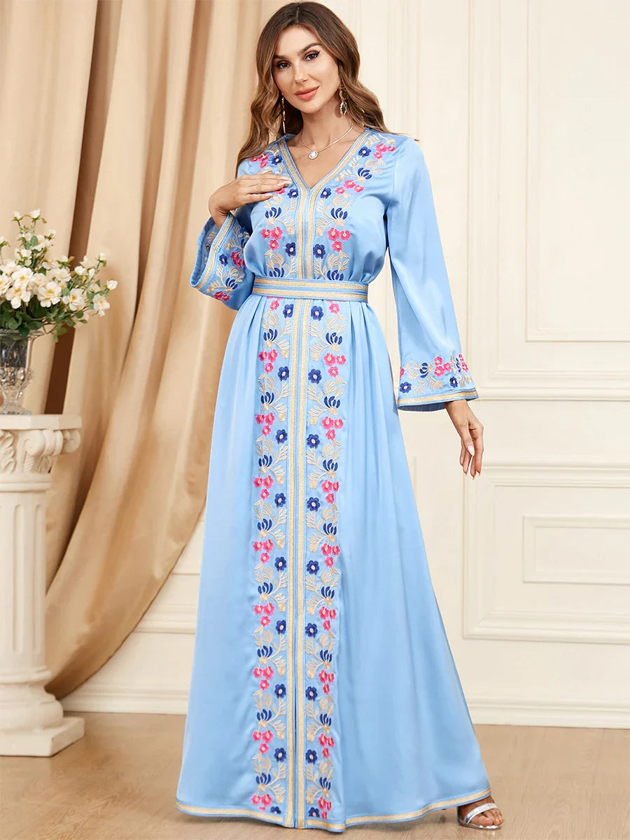 Ethnic Kuwaiti Women's Jalabiyat Abaya For Uae Dubai Female Solid Embroidery Belted Robe Ramadan Musulmane Caftan Dress Light Blue Dress