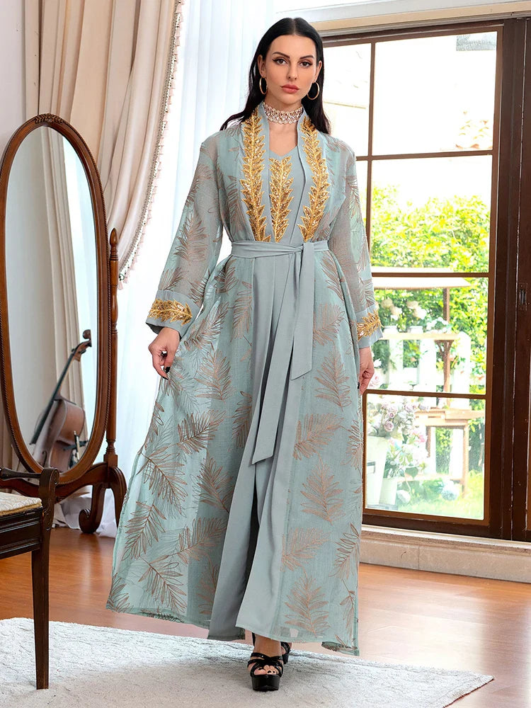 Sequined Embroidery Dubai Abaya Muslim Sets Belted Kaftan Party Robe Femme Musulmane Caftan Marocain Women's Jalabiya Ramadan green abaya