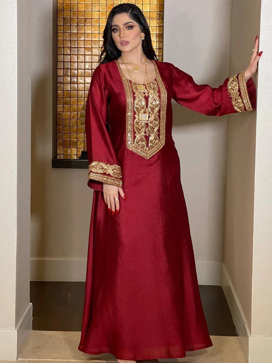 Fashion Solid Sequins Embroidery Abaya African Turkish Women Kaftan Clothing Jalabiyat Long Sleeve O-Neck Party Dress Jujube Red Dress