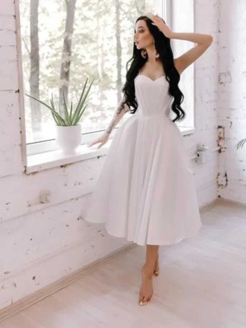 Wedding Dress Short For Bride Sexy Spaghetti Straps Robe Mariée Elegant Pleating Tea Length Skirt Vestido De Novia White