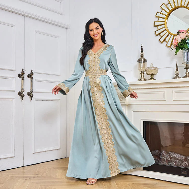 Moroccan Caftan Kaftan V-neck Abaya Long Dress For Prom Women Muslim Abaya Embroiled Lace Fashion High End Long Dress with Belt