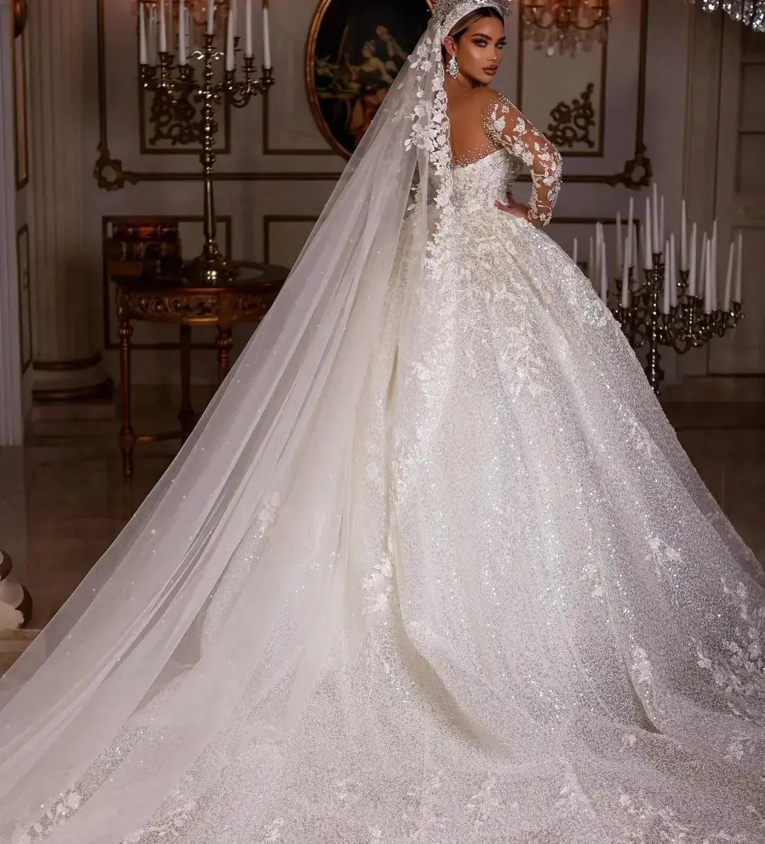 Princess Wedding Dresses Vintage Lace Up Ball Gowns Beading Bridal Shinny Tulle Long Sleeves Elegant Luxury Marriage Dress