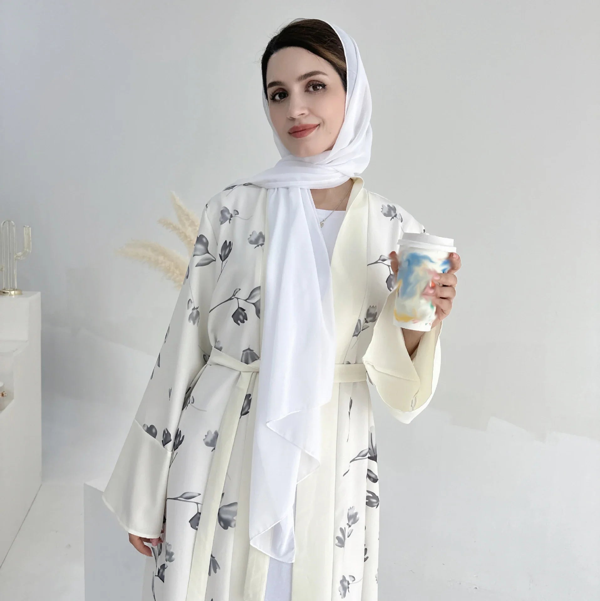 Floral Print Women Muslim Open Abaya Cardigan Maxi Dress Turkey Arabic Robe Eid Ramadan Kaftan Islamic Kimono Caftan Dubai Femme 060-4White