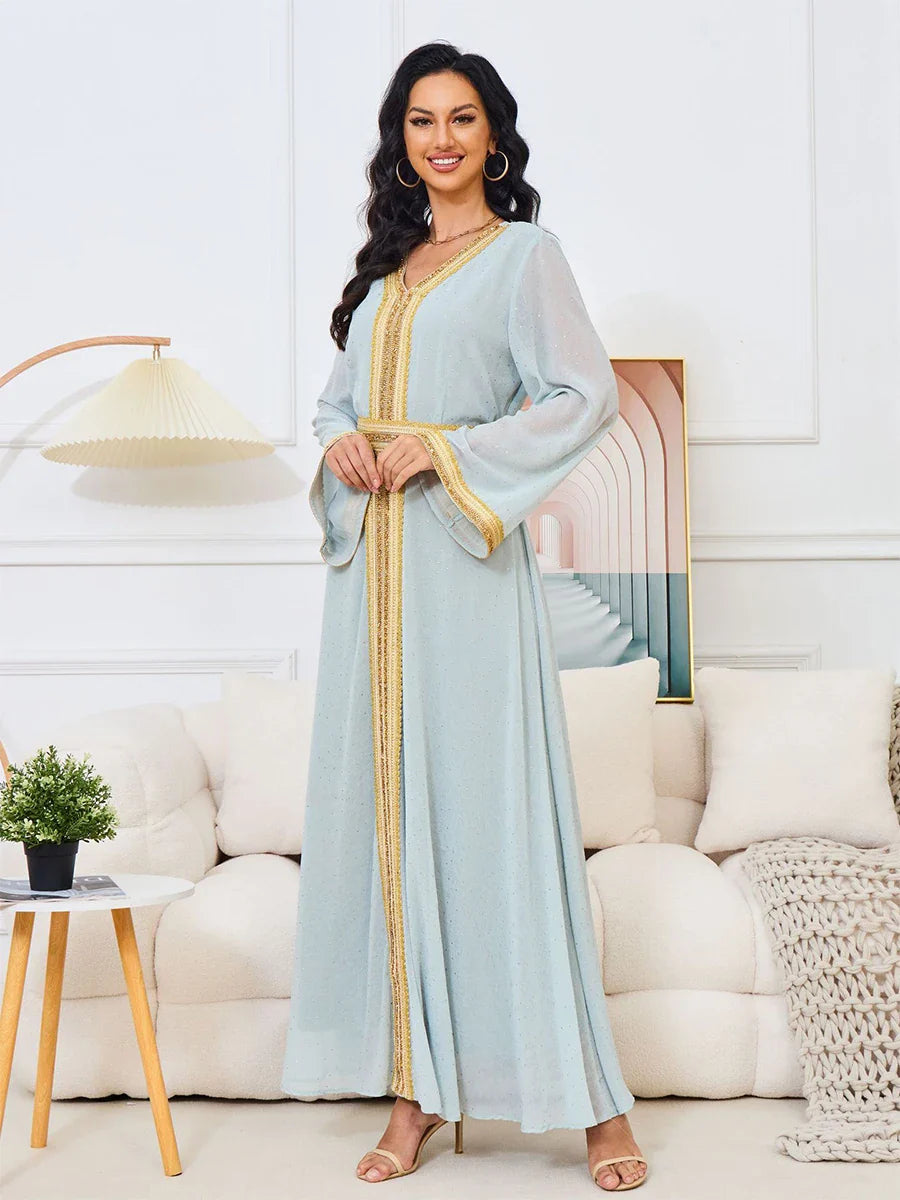 Fashion Dubai Solid Gold Stamping Diamonds Dress With Sashes Long Sleeve V-Neck Casual Abaya Moroccan African Clothing Light Blue Dress