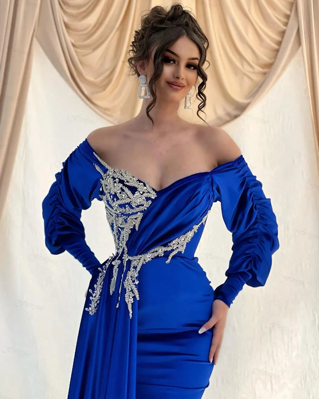 Royal Blue Mermaid Muslim Evening Dresses Long Sleeves Beaded Lace Off Shoulder Dubai Saudi Arabic Formal Prom Gowns