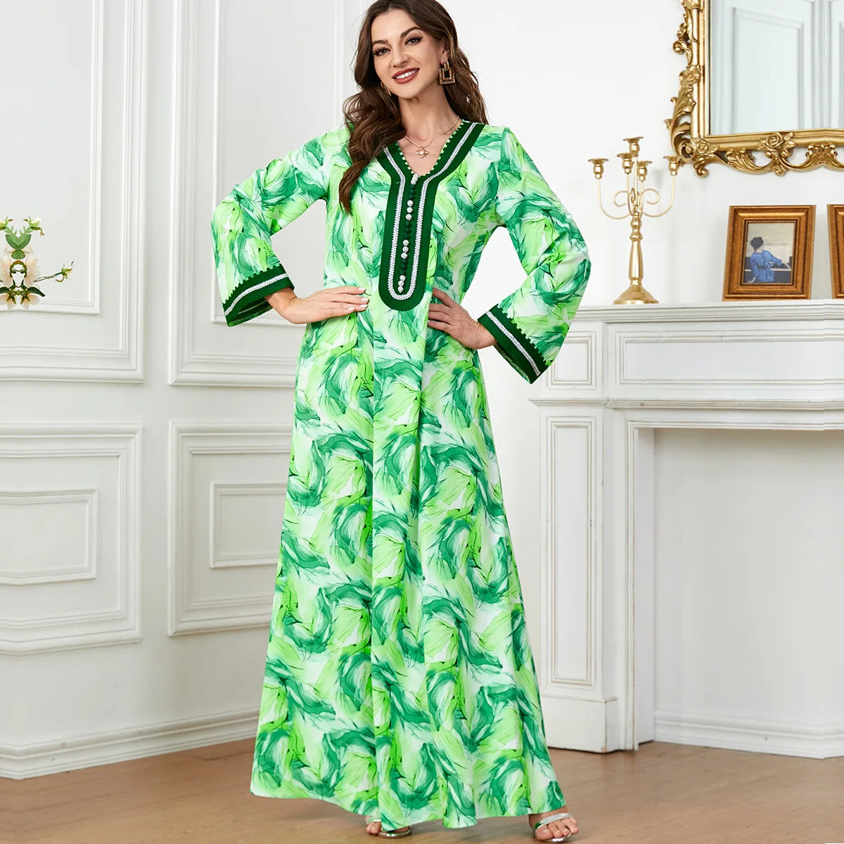 Jewel Embroiled Dress Fashion Kaftan Arab Dubai Robe Women's Wear Muslim Fashion Abaya 2024 Maxi Dress Islam Clothes Summer New Green