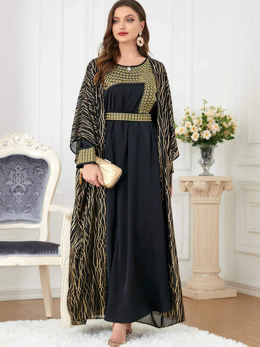 Elegant Casual Women's Dresses Abayas For Women Luxury 2 Piece Muslim Sets Embroidery Belted Kaftan Islamic Dresses Ramadan Black Abaya