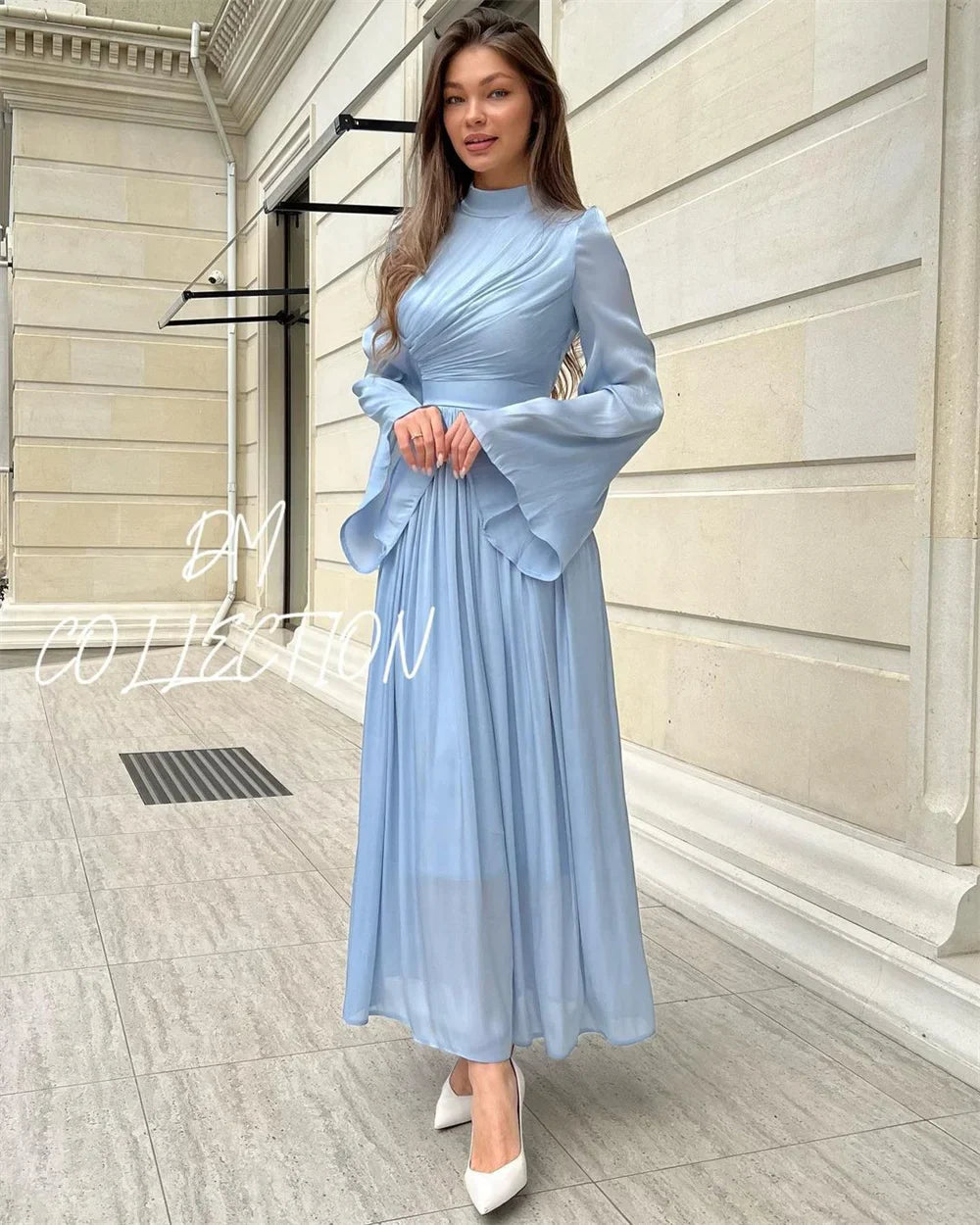 Light Blue Prom Dresses High Neck Modest A-line Wedding Dress Elegant Long Sleeves Chiffon Pleats Vestidos De Fiesta