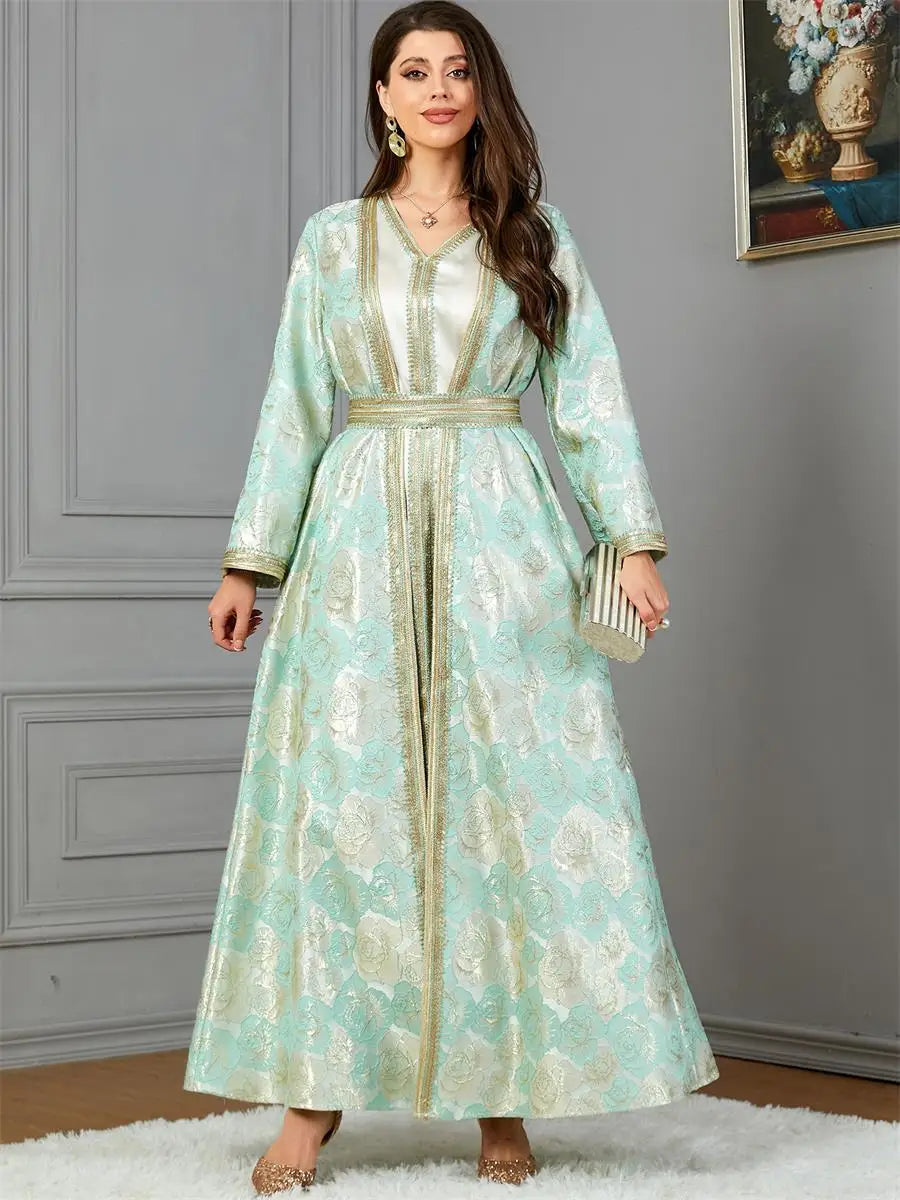 Muslim Arab Autumn Winter Fashion Long Sleeve V-Neck Jacquard Belted Set Moroccan African Gulf Women Kaftan Ramadan Eid Green Dress