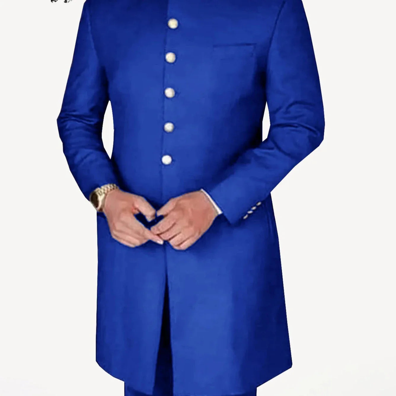 New Arrival Men Suits African Style Long Jacket Formal Royal Blue with Gold Buttons Groom Party Costume Homme 2 Pieces