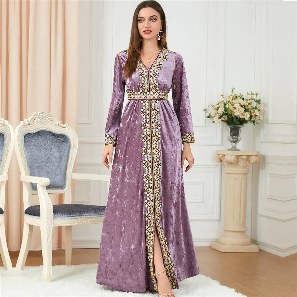 Velvet Autumn Winter Morocco Luxury Muslim Women Abaya V-neck Maxi Dress Turkey Arabic Islamic Kaftan Dubai Evening Party Kaftan 04 Pink Purple