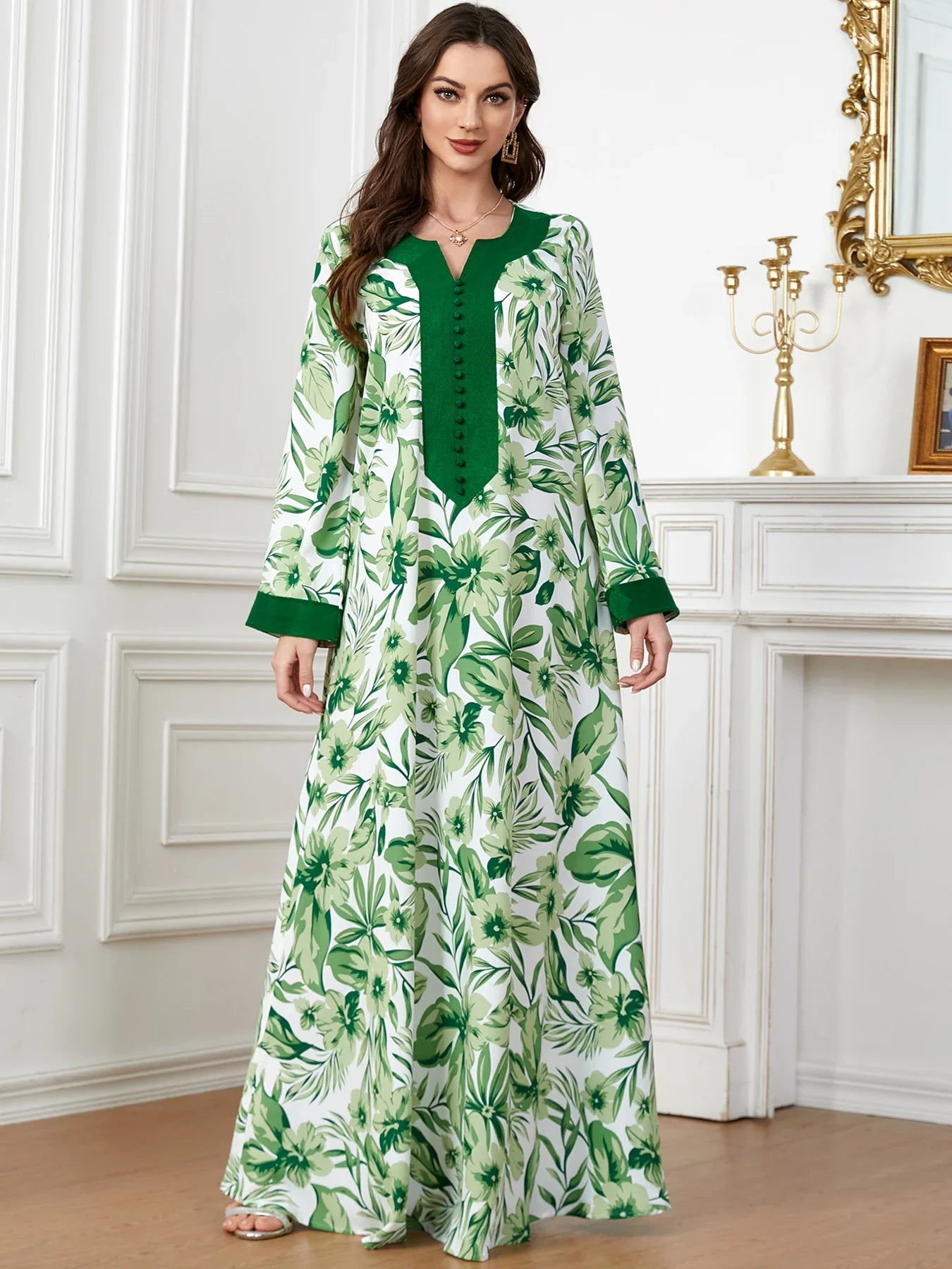 Kaftan for Woman Floral Print Dubai Saudi Jalabiya Islam Clothing Long Arabic Dress Ramadan Hijabi Robe Muslim Abaya (No Scarf)