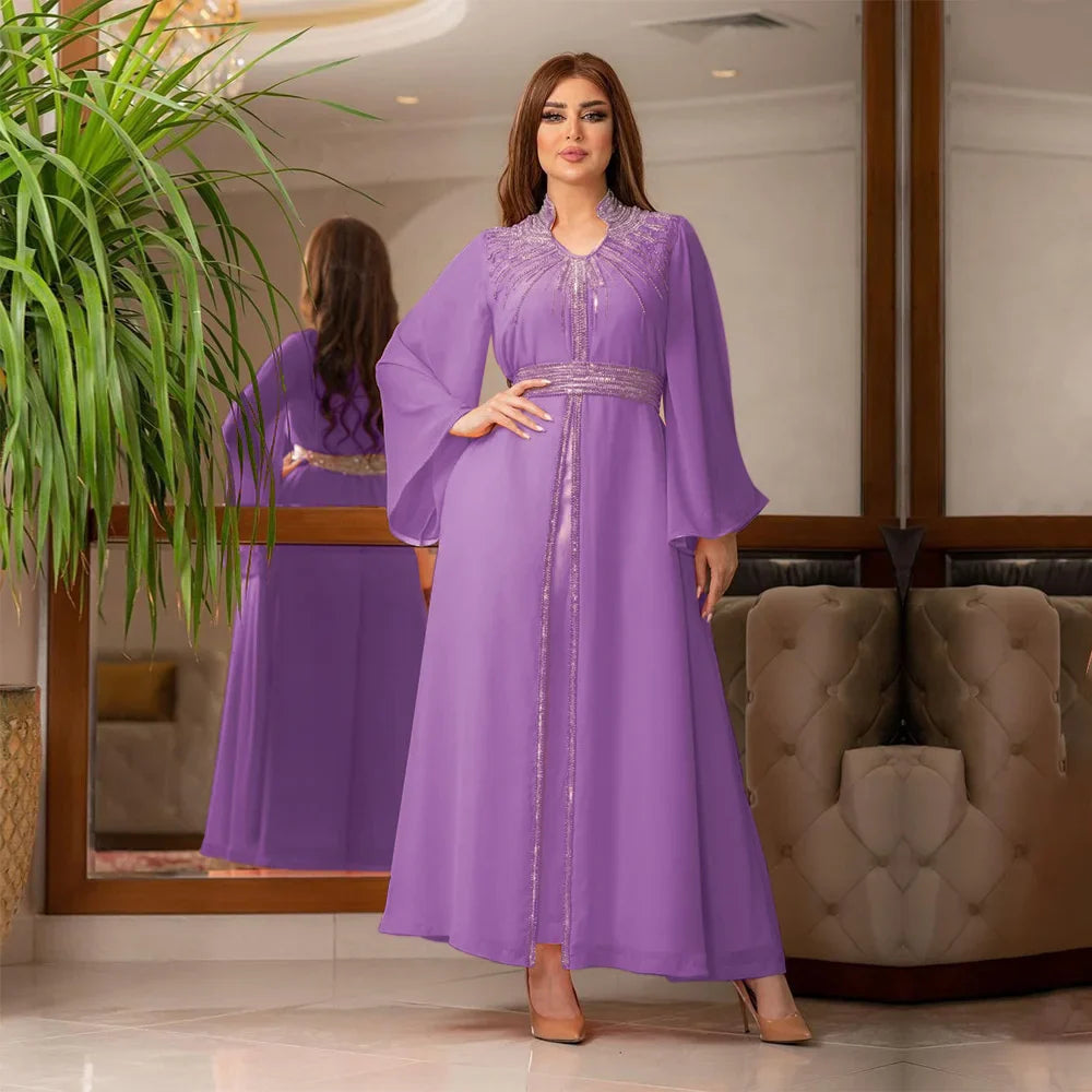 Turkish Abaya For Women Arabian Gown Moroccan Caftan Royal Women Fashion Hot Diamond Chiffon Dress With Belt Elegant V-neck